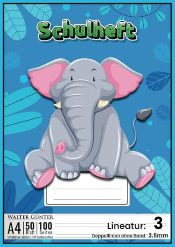 Schulheft Lineatur 3: 50 Blatt (100 Seiten), DIN A4, 3.5mm Doppellinien ohne Rand, mit Seitenzahlen und Inhaltsverzeichnis