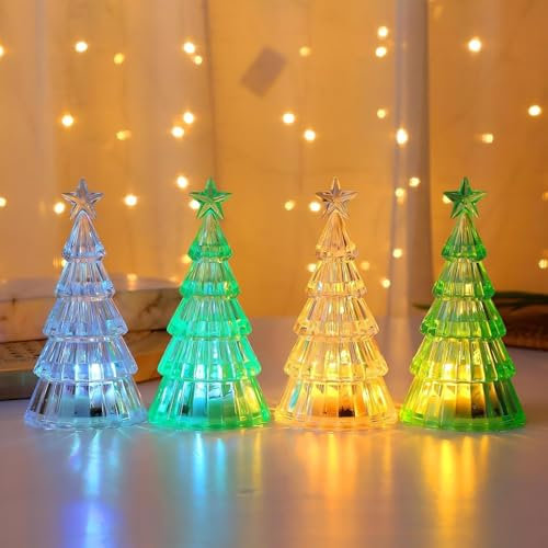 4 Stück Kristall Weihnachtsbaum mit LED Beleuchtung Weihnachtsdeko Led Mini Weihnachtsbaum Elektrische Teelichter Kleiner Weihnachtsbaum Christmas Tree Kristall Lampe Tischdekoration (A-Groß)