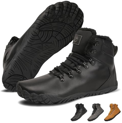 VEXITO Barefoot Bottes de Neige Homme Femme Cuir Imperméable Chaussures d'hiver Chaude Antidérapant Bottine Lacets Fourrées Légères Noir 42