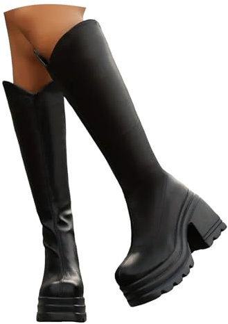 Stivali Marroni Donna,Stivali Donna Alti Fino Al Ginocchio Pelle Stivali con Tacco Invernali Largo Casual Alti al Ginocchio Zeppa Scarpe Caldi Vintage Interna