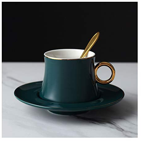 DDKYHU Tassen, Elegante Teetassen und Untertassen mit Goldrand und Kaffeelöffel, britische Kaffeetassen, Teeservice aus Porzellan, 220 ml Kaffeetasse (grün)