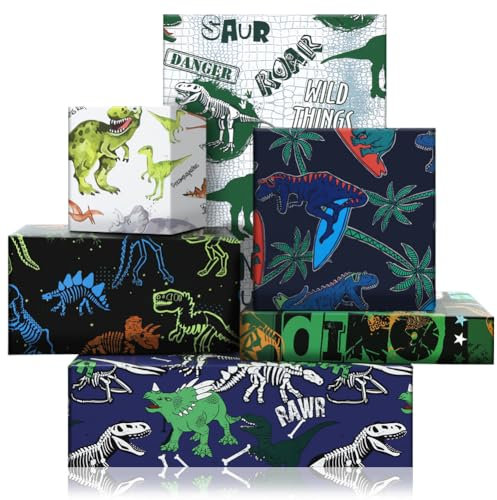Dinosaurier-Geschenkpapier für Kinder, Jungen, Mädchen, Jurassic Dinosaurier Geburtstags Geschenkpapier, 6 Blatt 50 x 70 cm, Dino-Geschenkpapier für Dinosaurier, Geburtstag,Babyparty