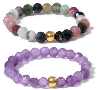 GoPaw Elastischer Naturstein Ansiegelring, Perlen Elastischer Ring, Anxiety Ring facettiert, Edelstein Perle Stapelbart für Damen & Mädchen (Lila)