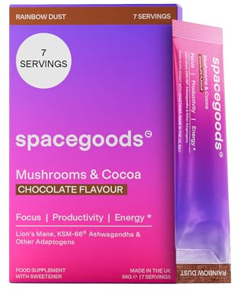 Spacegoods Rainbow Dust 7 Day Sachet Pack | Chocolate | Flavoured Mushroom Coffee | 80mg of Natural Caffeine | Lions Mane, Chaga, Ashwagandha & Vitamin B5 | Experience Sharper Focus