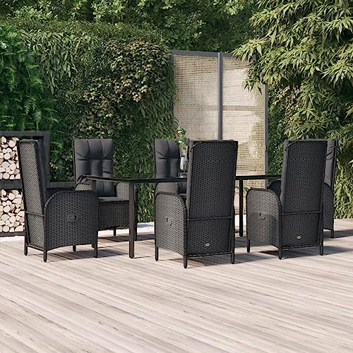 IKAYAA Gartenmöbel Set mit 6 Stühle Verstellbar Garten Essgruppe 6 Personen Rattan Gartenmöbel Essgruppe Gartengarnitur Sitzgarnitur mit Kissen-Schwarz-7-tlg-5