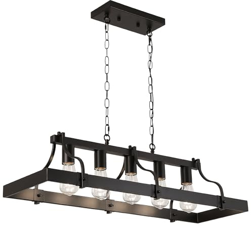 HvKvHvY LáMpara De ArañA De 5 Luces De Metal Negro Con Base E27, LáMpara Colgante Lineal De Madera Para Cocina De Estilo RúStico, Color Negro
