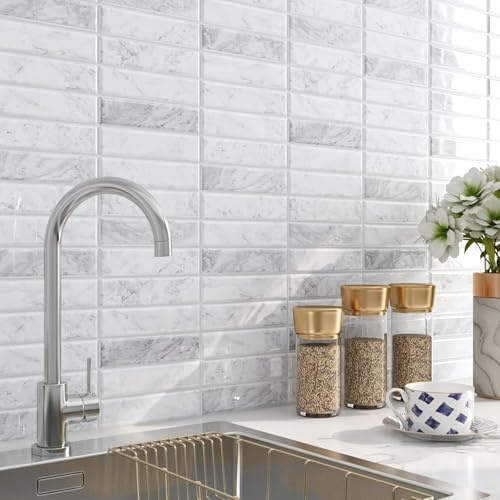 FunStick 30CMx30CM Piastrelle Adesive Cucina Marmo Mattonelle Autoadesive Muro Pannelli Adesivi per Pareti Bagno Bianco Grigio Piastrelle Adesive Muro 3D Paraschizzi Cucina Effetto Marmo 15 Pezzi