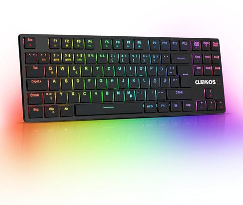 Defender® Cleikos Dünne kabellose mechanische Gaming-Tastatur mit Low-Profile-Schaltern OUTEMU Brown - Kabelgebundene, kabellose Bluetooth-Verbindung + Funkkanal - 87 Tasten Doppeleinspritzung und RGB