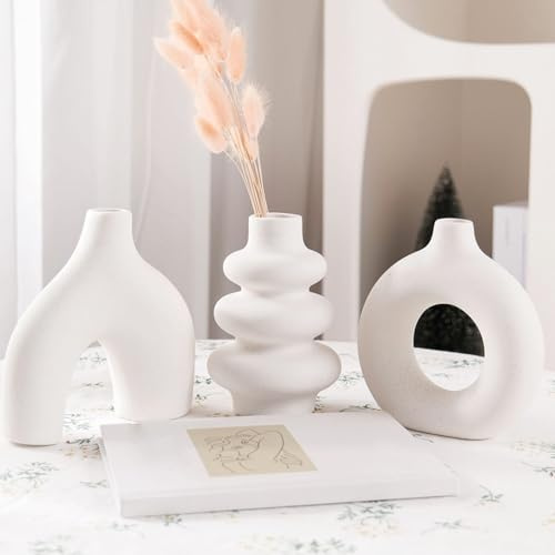 Weiße Keramikvase 3er-Set, Moderne böhmische Vase zur Dekoration, runde weiße Vase als Tafelaufsatz für Hochzeiten, Wohnzimmer, Schlafzimmer, Couchtische, Eingänge