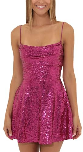 Fexofao Women's Sparkly Sequin Mini Dress Shiny Spaghetti Strap Short A-line Dress Backless Summer Clothes for Party Cocktail (Rose Red, S)