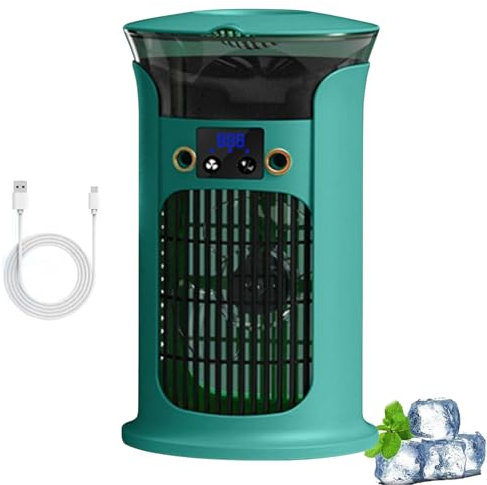 Mini Climatiseur Portable,Ventilateur De Climatiseur Mobile,Ventilateur Silencieux Chambre Avec 3 Vitesses,Refroidisseur D'air Personnel,Clim Portable Rechargeable USB Petit Humidificateur Air (Vert)