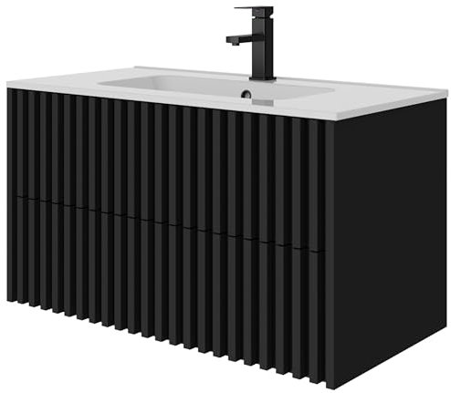 UEV 90CM Mueble de Baño Suspendido con Lavabo de Cerámica, Mueble Lavabo Incluido con 2 Cajones para Almacenaje, Moderno y Práctico, Negro