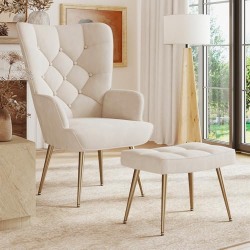 Aivermeil Velvet Wingback Armchair with Footstool, High Back, Cream | Matching padded footstool; button-tufted high back; gold-tone metal legs; lounge, reading, living room or bedroom use