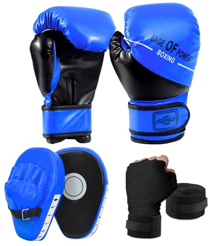 PARPIQ 3-in-1 Boxing Gloves and Punching Mitts Set for Kids, Boxing Mitts Focus Pads with Hand Wraps for Kid, Youth Leather Punching Equipment Gloves Set for MMA, Karate, Muay Thai, Taekwondo (Blue)