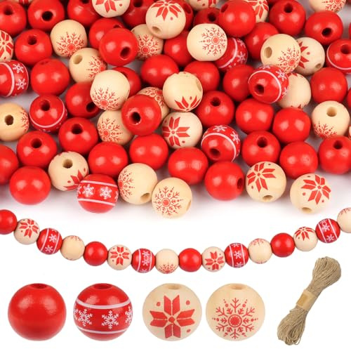 Rote Weihnachts-Holzperlen 16mm, 120pcs mit Juteschnur, für Girlanden Deko | 120 Stück in 5 weihnachtlichen Motiven, mit 20m Juteband, vielseitig für Kranz, Baum & Tischdeko, weihnachtlicher Bastelspaß