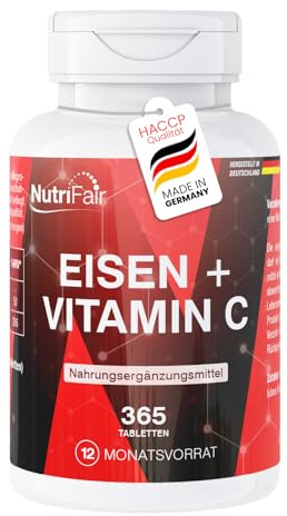 Järn + C-vitamin - 365 tabletter - Järnbisglycinat med naturligt C-vitamin från acerola - Hög dos - 100% vegansk - Tysk produktion och laboratorietester - NutriFair | Premium & Fair