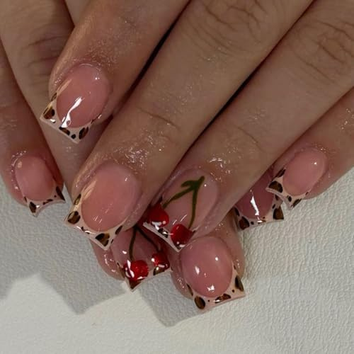 24 Pcs Leopards Print False Nails Glossy Press On Lovely Fruit Stick On French Tip Artificial Acrylic