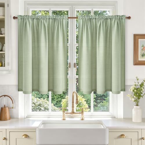 MRTREES Tende Finestra Cucina Vetro Verdi Corte in Lino Semitrasparenti, Tende con Passanti per Piccole Porta Finestre Bagno Sotto Lavello Davanzale Armadietto, 60x90 cm, 2 Pezzi
