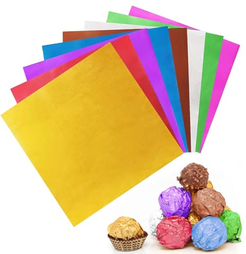 dellyy Emballage en Aluminium Chocolat, 800pcs 8 Couleurs Papier Aluminium Alimentaire, Feuille Papier Bonbon au Chocolat, pour Bricolage, Halloween, Noël et Fêtes de Pâques (10×10cm)