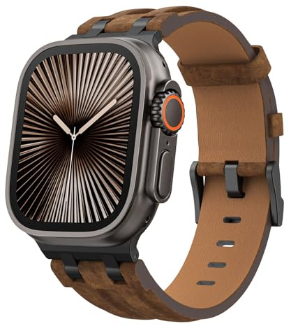 MoKo Bracelet en Cuir pour Apple Watch,Compatible avec 49mm 46mm 45mm 44mm 42mm iWatch, Bracelet Remplacement Connecteur en Métal pour Ultra3/2/1,SE3/2/1,Series 11/10/9/8/7/6/5/4/3/2/1, Noir/Bronze