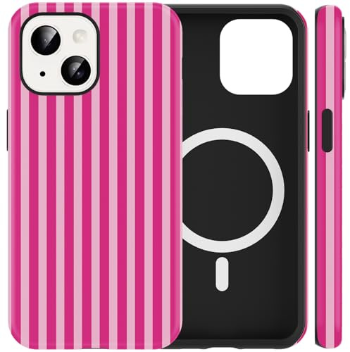 Kivlclri Righe Estivi Cover Magnetica per iPhone 15 6,1, Compatibile con Magsafe Custodia Aesthetic Summer Fucsia Rosa Striped Disegno Design Motivo Antiurto Silicone Posteriore Ragazze Case, Stripes