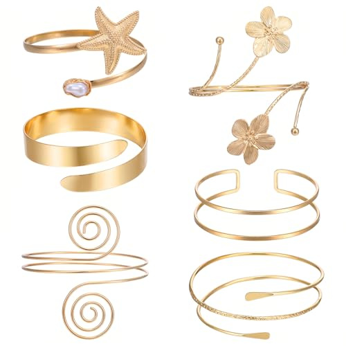 6 Stück Armreifen Gold Oberarmreif für Damen Goldarmreifen | Oberarmreif Gold Verstellbar und Minimalistisch Boho Punk Griechische Armband Wickelarmband Damen
