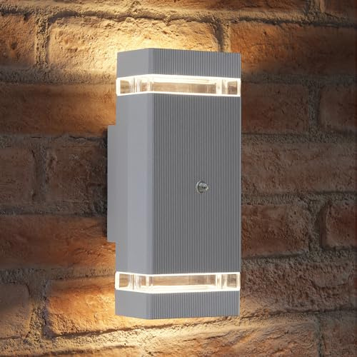 Auraglow Dusk Till Dawn Double Up and Down Wall Light Silver, Warm White | Automatic sensor security lamp, 2 bulbs included, 1100 lumen, IP44, for house exterior, porch, garage and drive