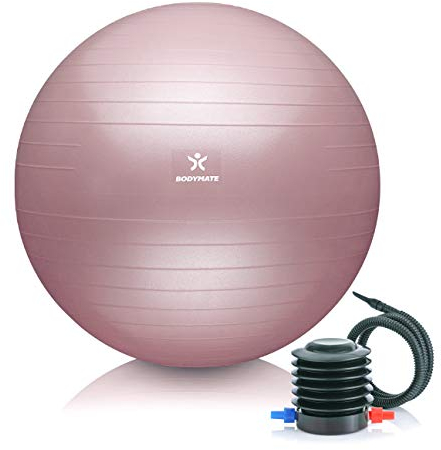 BODYMATE Gymnastikball Sitzball Trainingsball mit GRATIS E-Book inkl. Luft-Pumpe, Ball für Fitness, Yoga, Gymnastik, Core Training, für starken Rücken als Büro-Stuhl Rose 55cm