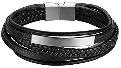 JewelryWe Personalisiert Lederarmband Armband Herren: Silber Schwarz Leder Echtleder Edelstahl Ident-Armband mehrreihig handgemacht geflochten Manschette Armreif Wickelarmband Gravur Vintage Schmuck