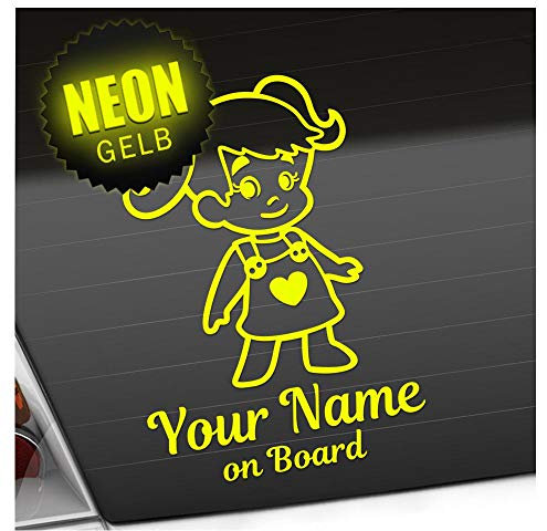 Kiwistar - Babyaufkleber - Neongelb - Mädchen Zöpfe Herz Sticker - mit Wunschtext individuell personalisiert + on Board 15cm - für Auto, Motorrad, Fahrrad, Tuning