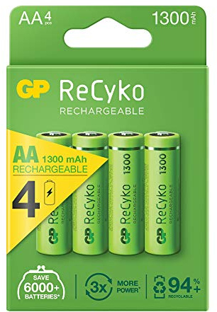 GP ReCyko AA Rechargeable Batteries 1300 mAh - Pack of 4 - High-capacity, Pre-charged, Eco-friendly