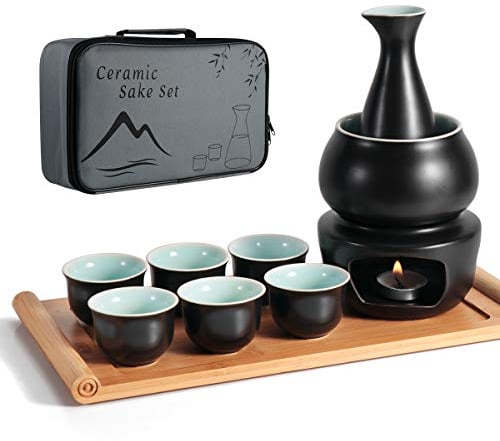 Juego de sake de cerámica + bandeja de bambú para olla más caliente, bebida saki caliente de cerámica segura para estufa, caja de regalo de almacenamiento de sake de 10 piezas