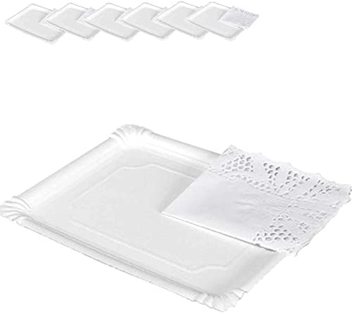Tradineur - Pack de 6 bandejas y blondas Rectangular - Fabricación de cartón Que Incluyen blondas caladas 100% reciclables - Apto para Uso alimentario - 34 x 42 cm - Color Blanco
