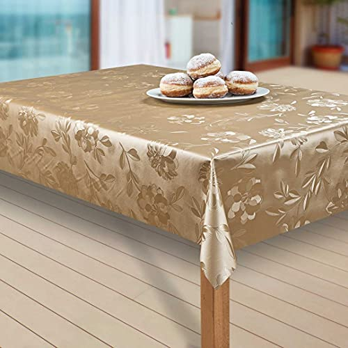 laro Wachstuch-Tischdecke Abwaschbar Garten-Tischdecke Wachstischdecke PVC Plastik-Tischdecken Eckig Meterware Wasserabweisend Abwischbar, Muster:Dahlien Gold Beige, Größe:140-240 cm