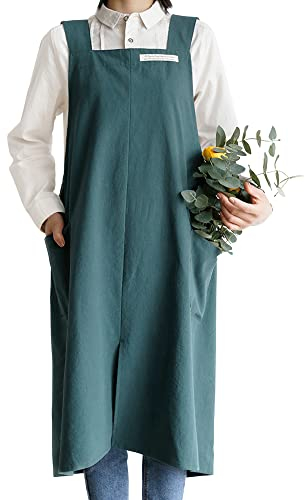 Small snail Baumwolle Leinen Schürzen Einfarbig Japanischer Stil Kreuz Zurück Schürze mit Tasche Retro Literatur Kunst Blumenladen Kleidung für Damen Herren Küche Kochschürzen Übergröße Dunkles Cyan