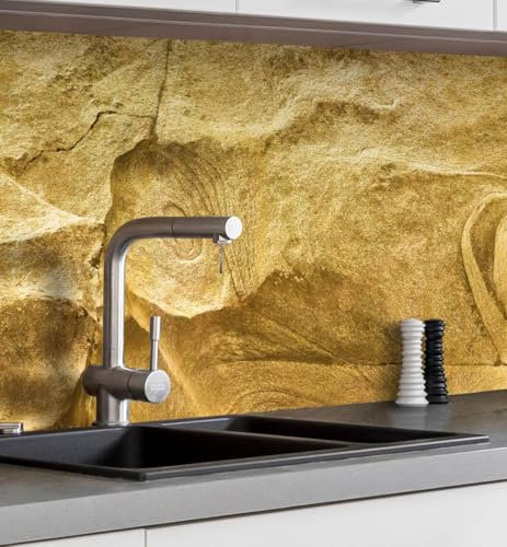 MyMaxxi Küchenrückwand Folie selbstklebend matt - einfache Montage ohne Bohren 0,4mm stark Versteift - Motiv Steinwand Sand 60cm hoch - Wandbild Küche - Wand-Deko - Steine Mauer 340 x 60cm