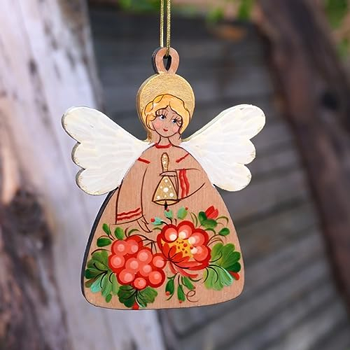 Engel Weihnachtsbaumschmuck aus Holz Beidseitig Handbemalt 9.5 х 7.5 х 0.5 cm Besonderer Christbaumschmuck Christbaum-Behang Engel und Schutzengel für das ganze Jahr