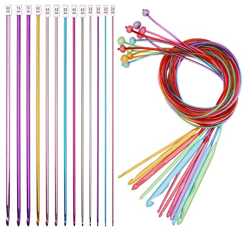 Coopay Tunesische Häkelnadel Set, 12 Stück Bunt Tunesisch Häkelnadeln mit Seil und 11 Stück Aluminium Tunesische Stricknadeln Häkeln, Leicht Tunesische Häkelnadelset für Anfänger, Afghan Häkelnadeln