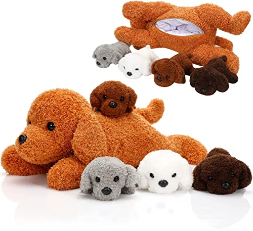 5 Stück Welpen Kuscheltiere Mama Hundebauch mit 4 Niedlichen Plüschtier Hunde Spielzeug Kissen Weich und Kuschelig Stofftiere Welpen Sortiment für Geburtstag (Teddy)