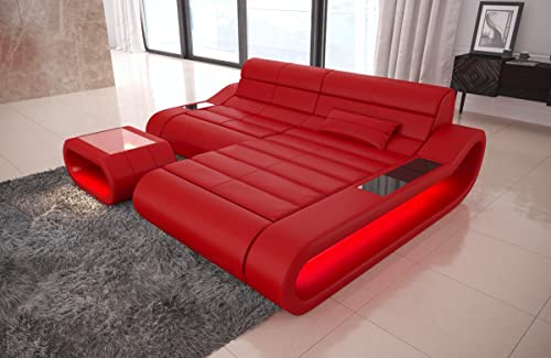 Sofa Concept L Form kurz in Leder - mit LED Beleuchtung, ergonomische Rückenlehnen, Recamiere/Lederfarben wählbar/Ausrichtung Ottomane wählbar (Ottomane rechts, Rot)