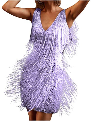 RKaixuni Robe de bal de fin d'année 1920 avec franges à paillettes, sans manches, robe de cocktail formelle des années 20, violet, XL