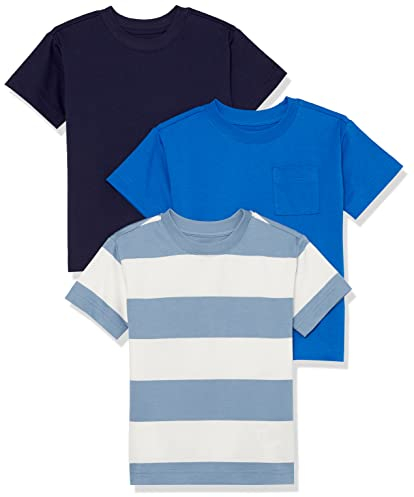 Amazon Essentials Unisex Kinder Modernes Kurzarm-T-Shirt, 3er-Pack, Dunkles Marineblau/Kräftiges Blau/Weiß Rugby-Streifen, 2 Jahre