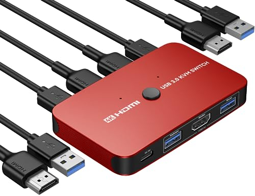ABLEWE KVM Switch, Aluminium KVM Switch HDMI, USB-Switch für 2 Computer, zum Teilen von Maus, unterstützt 4K @ 60Hz, 2 HDMI-Kabel und 2 USB-Kabel im Lieferumfang enthalten (rot)