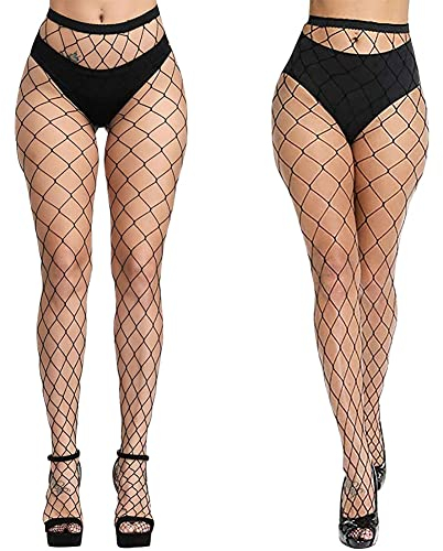 Aomig Netzstrumpfhose Schwarz, 2pcs Fishnet Stockings Strümpfe, Elastisch Hohe Taille Schenkelhohe Strümpfe Strumpfhosen, Mode Strumpfhosen Netzstrümpfe für Damen Alltagskleidung(großes netz)