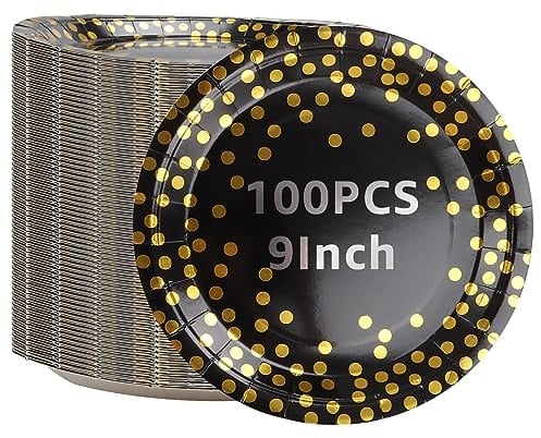 AKOLAFE 100 Black Paper Plates 9-Inch, Black and Gold Party Dishes, Disposable Round Dots Dinner Plates for Birthday, Wedding