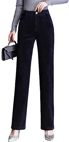 DISSA Femmes Pantalon Droit Bleu foncé Taille Haute Grande Taille Pantalon de Travail Velours côtelé Printemps et Automne Épais,EU 42,P12