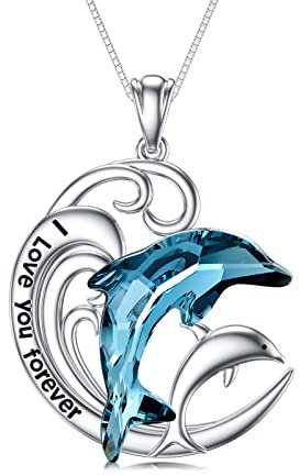 Flpruy 2 Delfin Kette Damen Sterling Silber Delfin-Anhänger Schmuck Geschenke Kristall Halskette