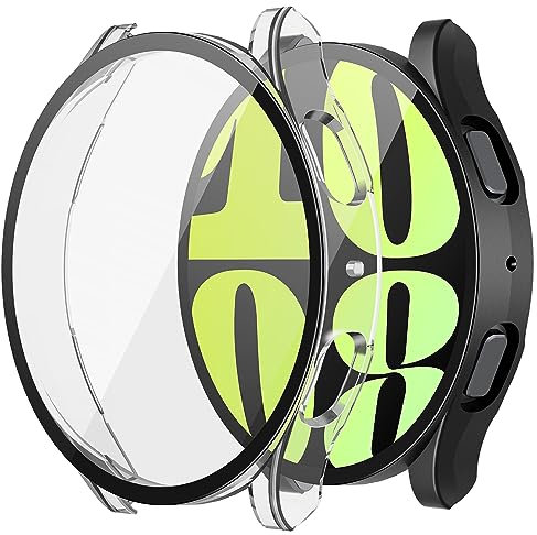 Misxi 2 Piezas Funda Rígida de PC con Cristal Templado para Samsung Galaxy Watch 6 44mm, Carcasa Protectora Completa con Protector de Pantalla para Galaxy Watch6, 1 Negro + 1 Transparente