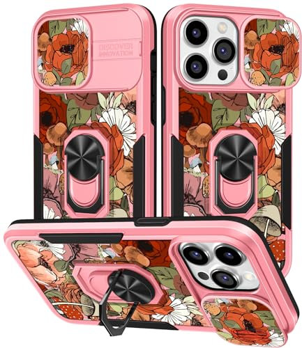 Miss Adola Schutzhülle für iPhone 15 Pro Max mit Kamera-Abdeckung, Schiebe- und Ständer für Frauen, Cottagecore Camellia Floral Mushroom Design für Mädchen, langlebiger Objektivschutz, stoßfeste