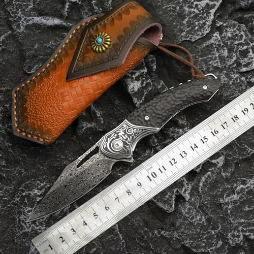 TURHAN Coltello pieghevole in acciaio damasco Mosasaurus Coltello pieghevole VG10 Coltello da esterno regalo adatto for la raccolta e il regalo agli amici